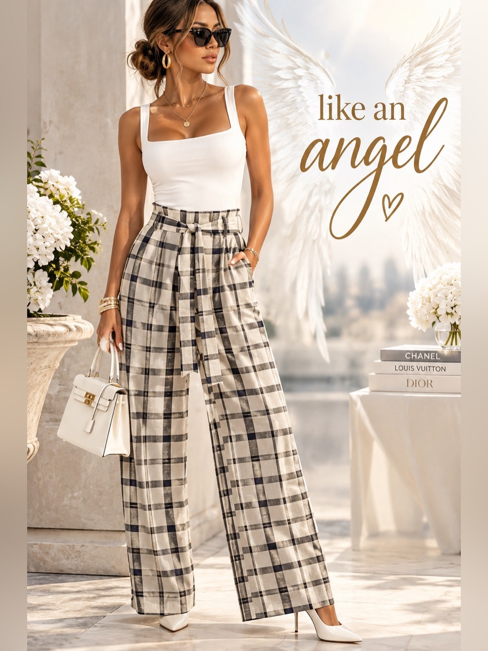 like an angel | Wide-Leg Plaid Paperbag Waist Pants - Cream/Black